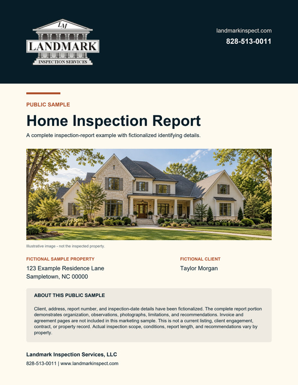 Landmark sample home inspection report cover with Landmark's logo and an illustrative home photograph